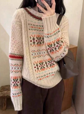 复古提花100羊毛衫女圆领加厚毛衣慵懒风针织羊绒打底衫