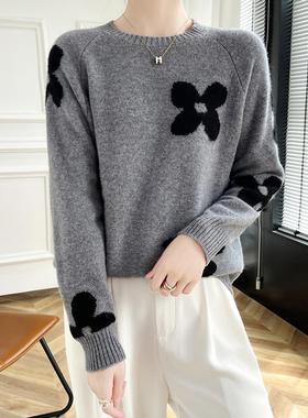 全新100%纯羊毛针织女式套头袖简单针织灰色高底提花羊绒针织底衫