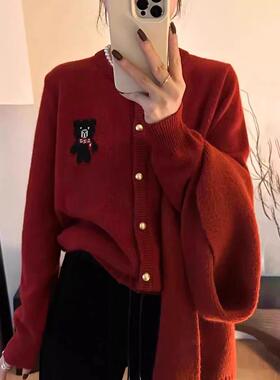 圆领小熊100%纯羊毛开衫女2025秋冬新款刺绣红色毛衣羊绒针织外套