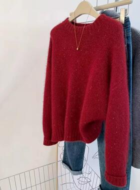秋冬红色亮色真丝100%美利奴羊毛女士针织衫欧洲经典宽松慵懒新年
