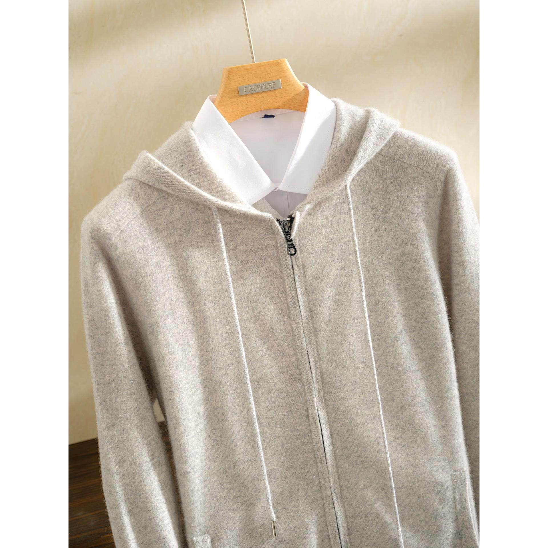 高品质秋冬新款100%纯山羊绒开衫男连帽薄款针织休闲外套带帽毛衣