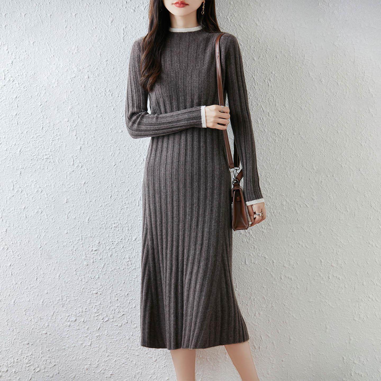 100%纯羊毛针织连衣裙女2025秋冬新款优雅风打底衫显瘦长款毛衣裙