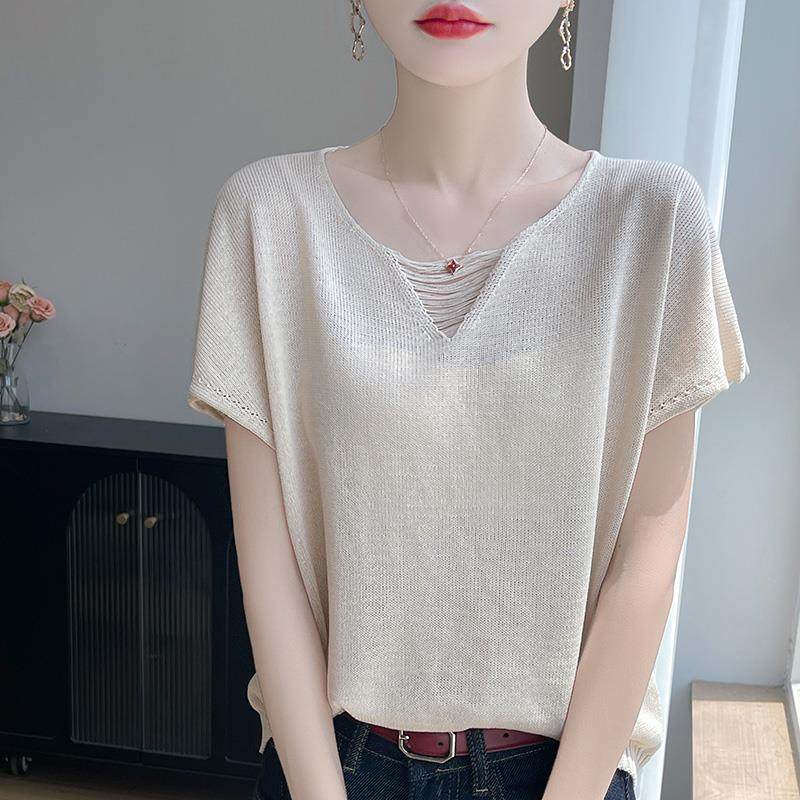 2025夏季新款天丝亚麻V领镂空针织短袖女宽松显瘦百搭薄款上衣