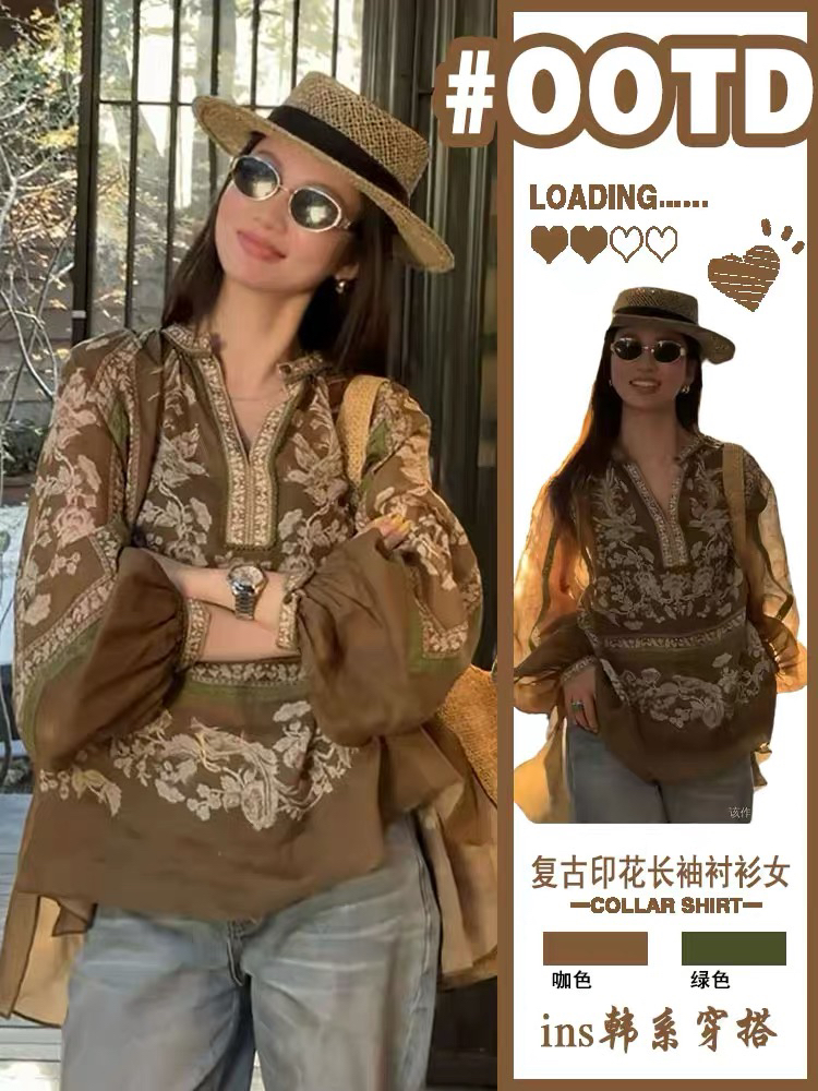 复古大码苎麻长袖衬衫女2025薄款防晒印花衬衣半开襟松弛休闲上衣