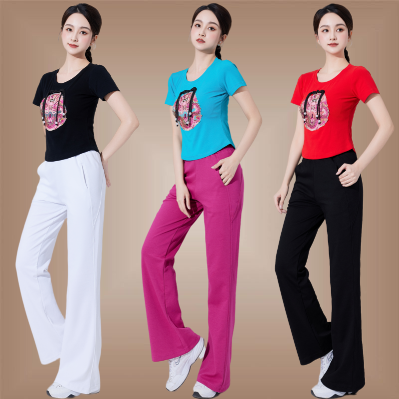 国风刺绣上衣健身操运动喇叭裤