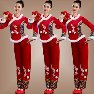 广场舞服装新款古典中国风舞蹈服红色喜庆衣服秧歌服打鼓舞演出服