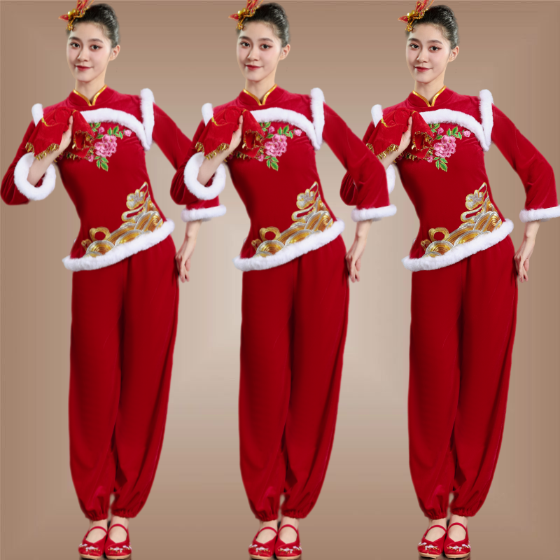 民族风金丝绒喜庆东北秧歌演出服