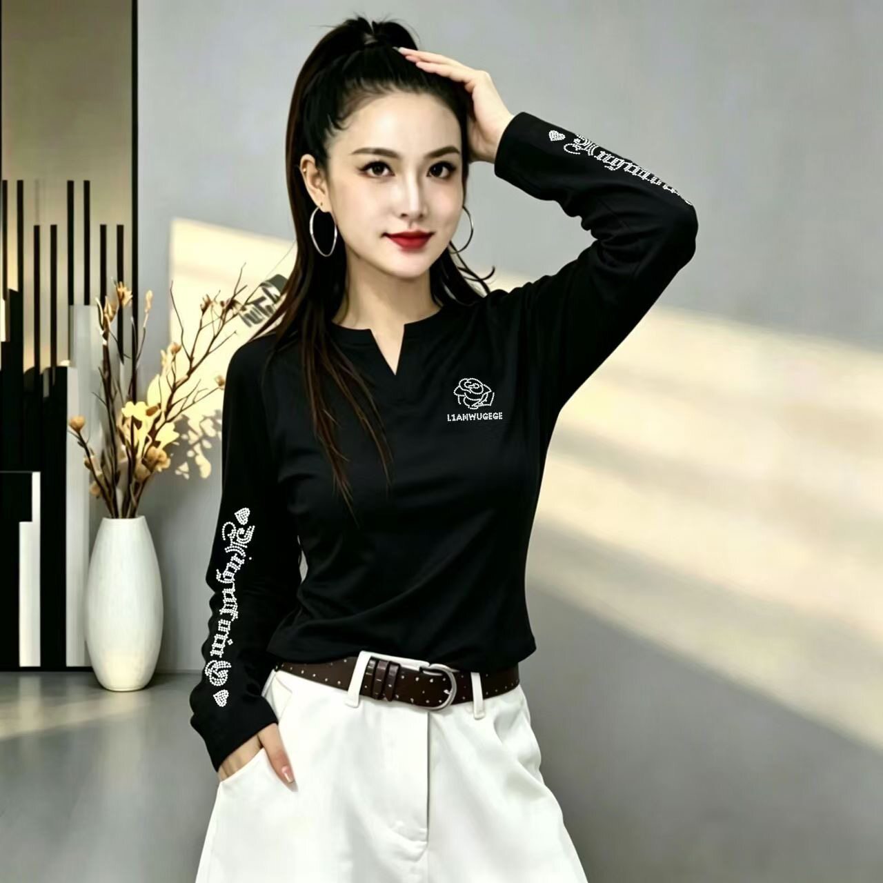 杨丽萍广场舞V领长袖T恤新款