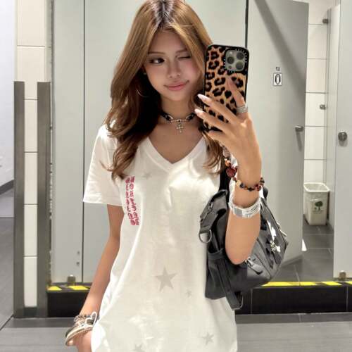 BeOurRule 美式复古哥特风字母印花V领短袖T恤夏季女宽松显瘦上衣