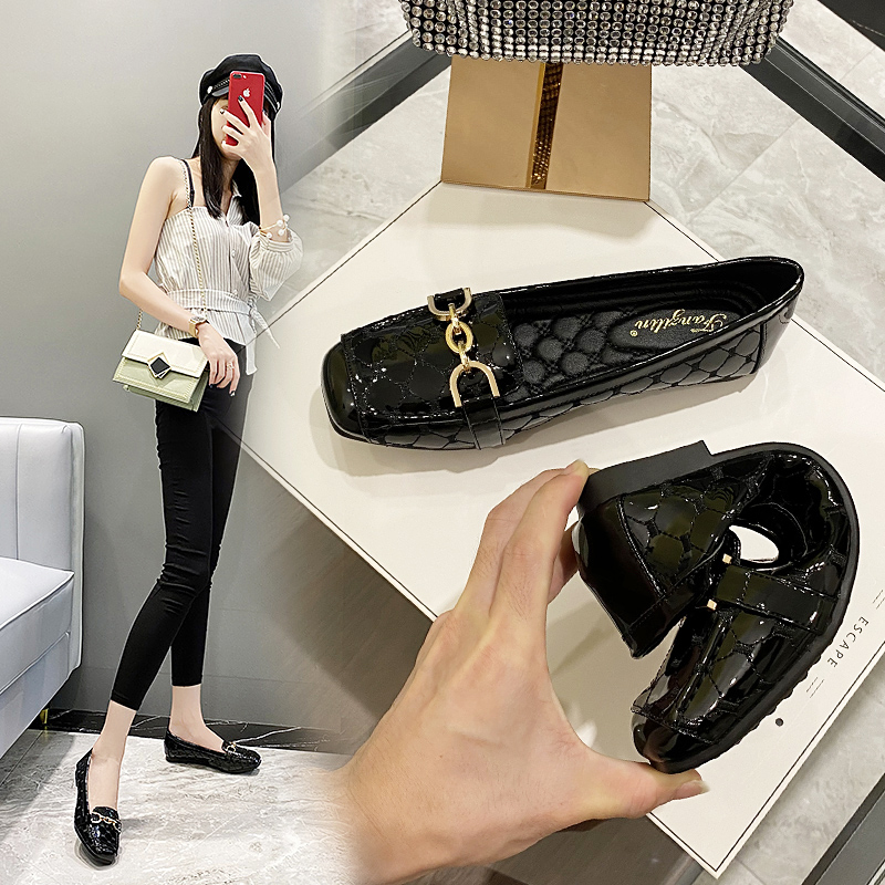 软皮单鞋女鞋子2025春秋新款百搭浅口休闲黑色工作软底平底豆豆鞋