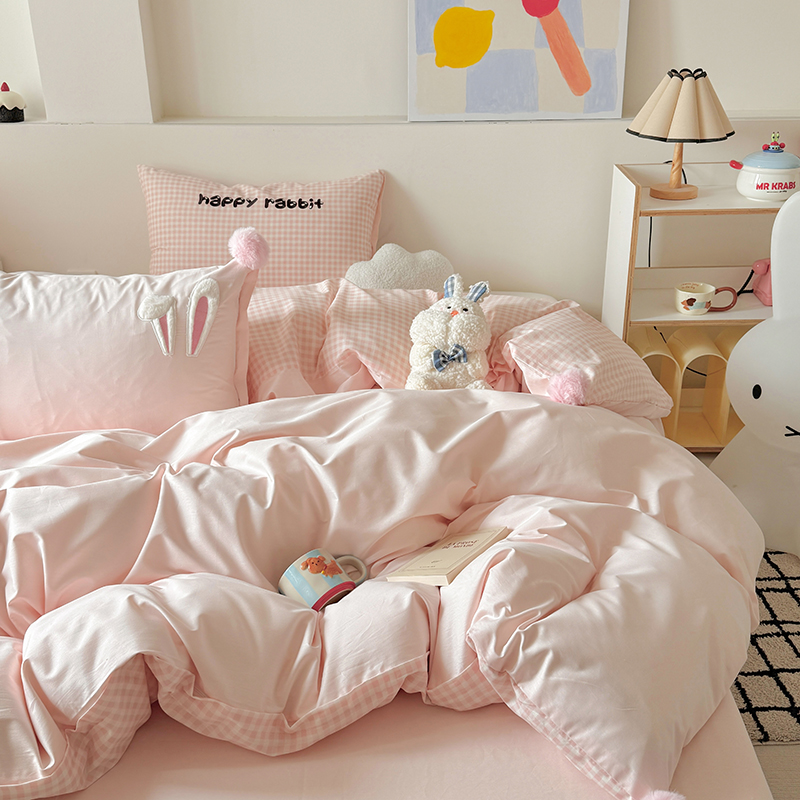 糯米猪家新品全棉卡通印花四件套-爱心加纯色精品纯棉刺绣虹