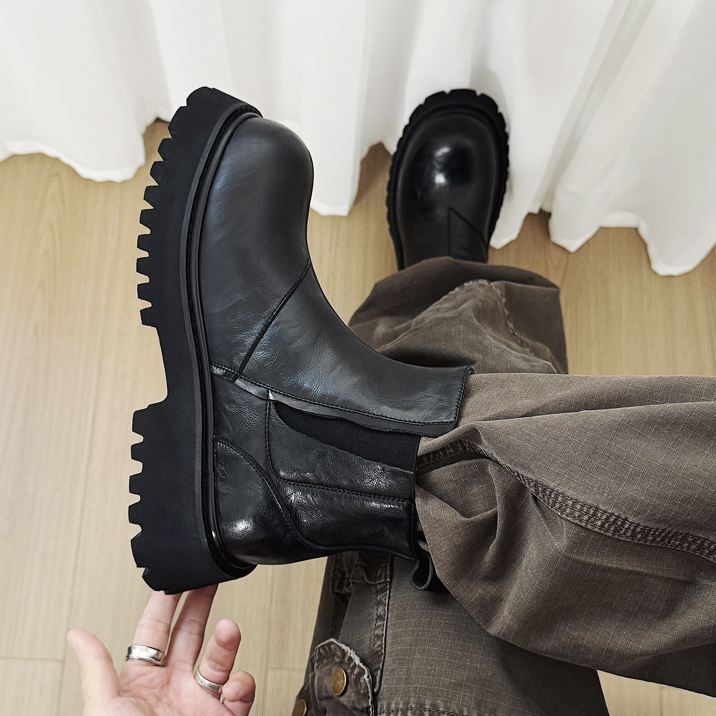 XZ110-251527#英伦风马丁靴冬厚底增高黑色短靴复古切尔西靴P130，男鞋切尔西靴，星座110