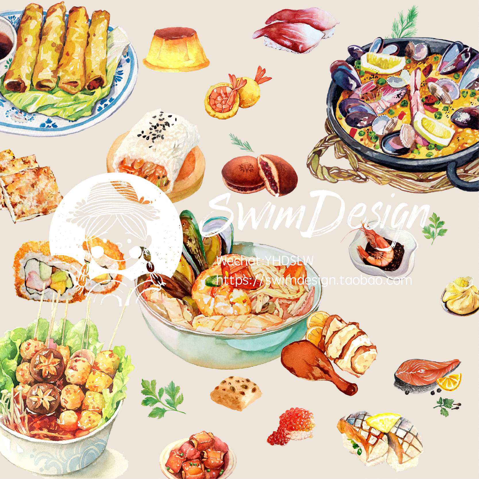 s301 水彩手绘食物素材png 各种美食寿司小吃肉类甜品披萨面包等