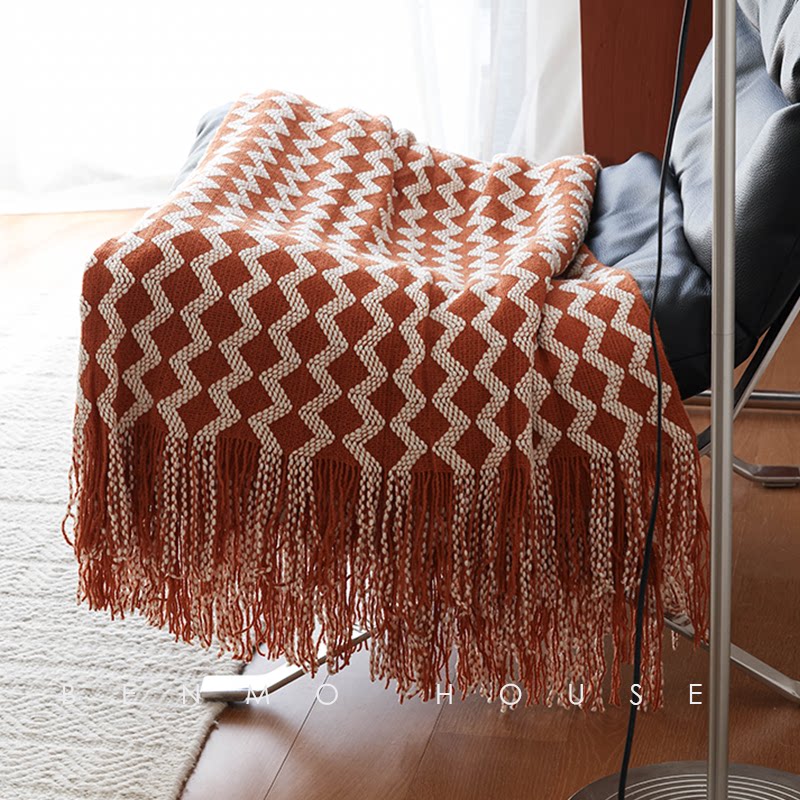 新款北欧风针织毯床尾巾搭巾沙发装饰毯秋冬盖毯明橘色毛线毯包邮