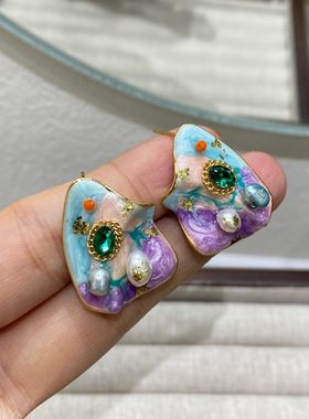 法式复古淡水珍珠滴油花朵贝母银针耳钉女时尚轻奢气质耳环高级感