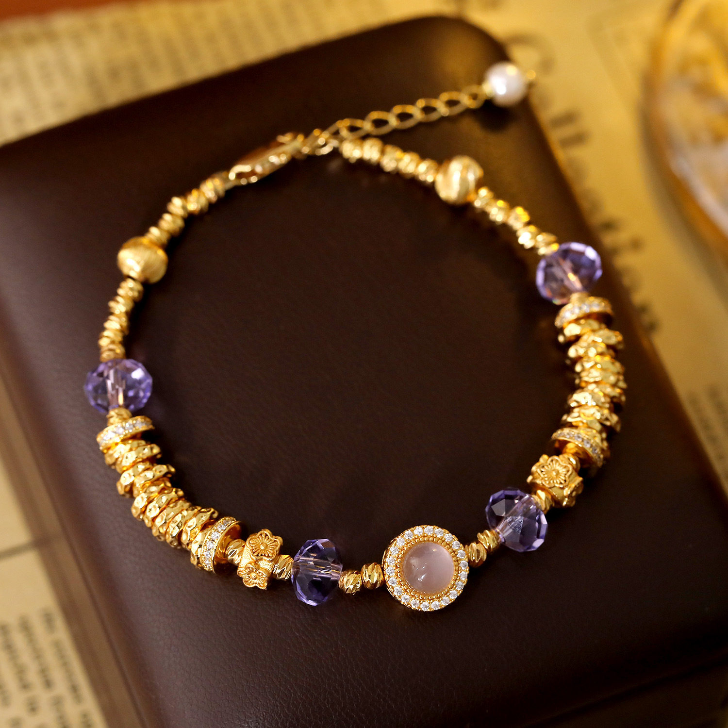 新中式紫色水晶盘缠拉丝猫眼手链轻奢高级感手串时尚气质串珠手饰