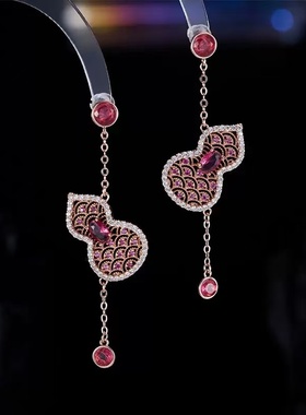 新中式国风玫瑰金红色锆石葫芦耳环轻奢女高级感气质小众设计耳坠