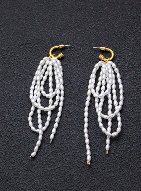 法式轻奢温柔高级设计感缠绕小米珠流苏耳环个性气质银针耳扣小众