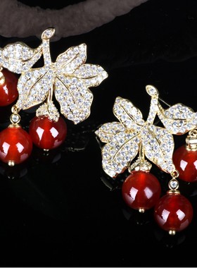 新年款红色镶锆石枫叶花耳坠s925银针重工仿葡萄玛瑙气质时尚耳环