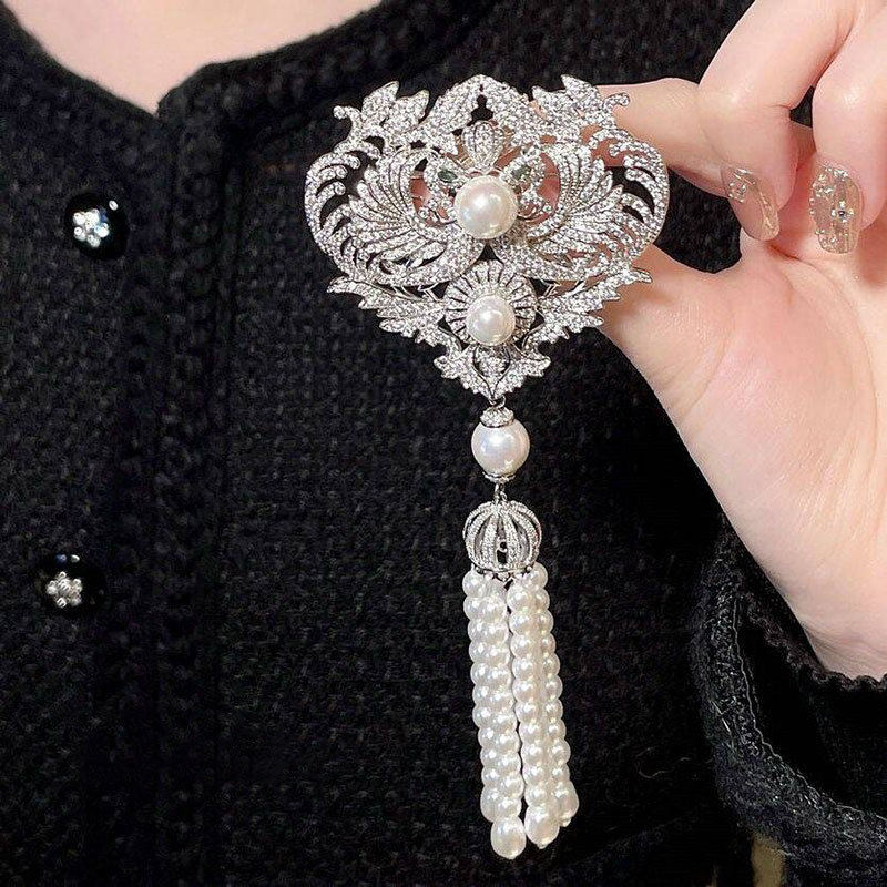 法式轻奢复古宫廷风凤仪万千凤凰珍珠宝石流苏胸针女个性服装配饰