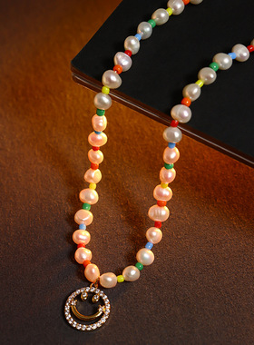 新款彩虹串珠淡水珍珠项链小众设计高级质感甜酷笑脸颈链锁骨链女