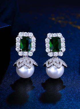 时尚简约蕾丝轻奢珍珠耳坠气质祖母绿珍珠法式高档女锆石银针耳环