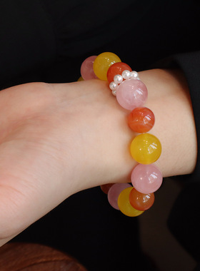 天然马达加斯加粉水晶手串海蓝宝跑环转运串珠手链手玛瑙多宝水晶