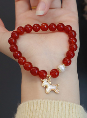 新年马上有钱天然红玛瑙手串蓝水翡翠高级感中式国风手串显白手链