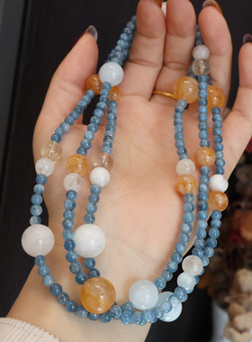 法式轻奢原创天然海蓝宝手链黄水晶双圈手串显白气质女款水晶手链