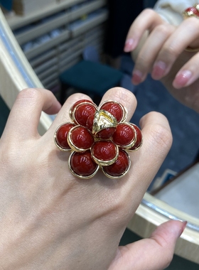 新款法式复古vintage中古小香风山茶花珍珠戒指个性夸张轻奢戒指