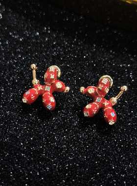 s925银针新款可爱红色气球狗小耳钉轻奢时尚高级感甜酷风小众耳饰