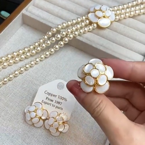 中古Vintage真金电镀法式复古天然白贝山茶花珍珠项链耳钉戒指套