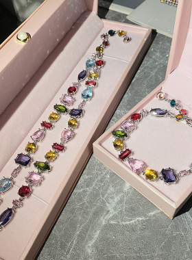 糖果彩色水晶锆石时尚气质项链森系女甜美锁骨链设计轻奢小众套装
