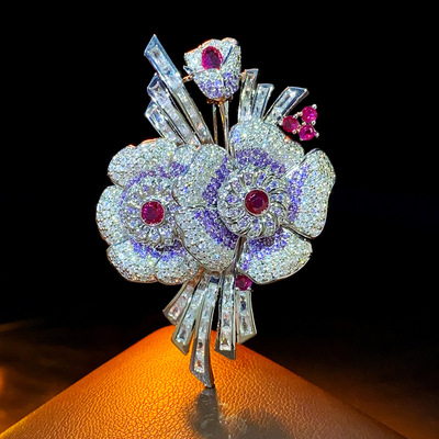 法式轻奢新款重工镶超闪彩色锆石双花朵胸针轻奢时尚高档胸花别针