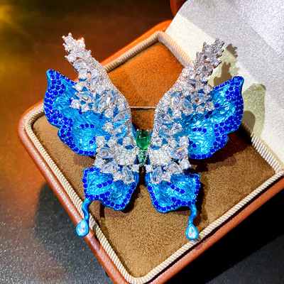 新品重工微镶锆石珠宝款蓝色蝴蝶胸针奢华气质大衣女晚宴彩色胸花