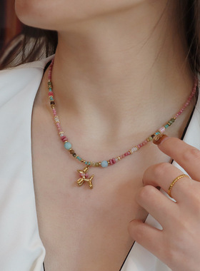 法式轻奢天然石串珠项链轻奢小众复古红纹石叠戴钛钢高级感项链女