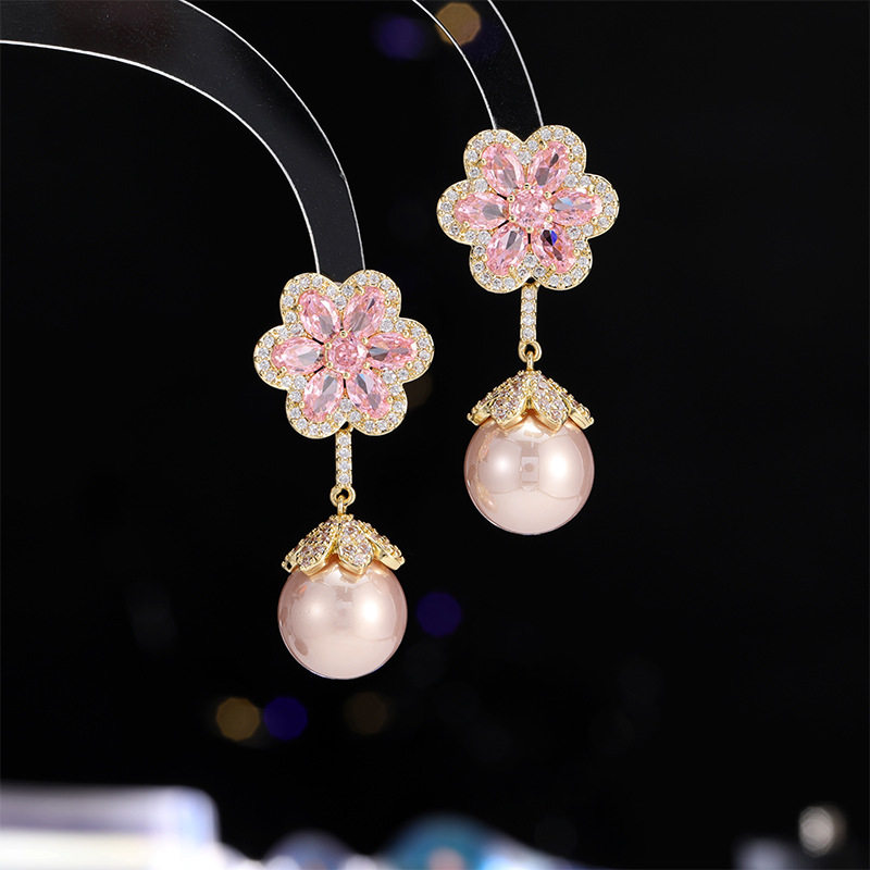 法式气质满锆樱花粉色珍珠耳环s925银针甜美百搭时尚精美花朵耳坠