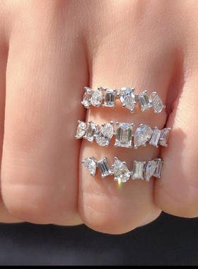 欧美时尚小众简约潮流酷炫ins设计不规则多层锆石开口可调节戒指