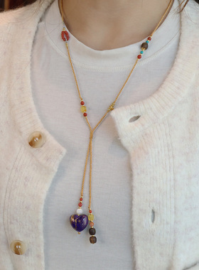 秋冬款长款毛衣链女原创天然檀木流金飘漆爱心吊坠南红串珠项链