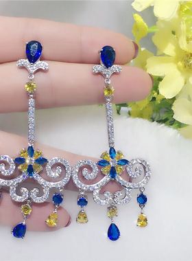 夸张彩色新款宫廷奢华耳坠微镶锆石水滴长款流苏耳环蓝色锆石耳饰