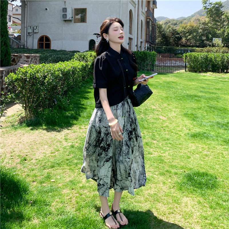 新中式国风套装裙女2025夏季新款气质盘扣上衣水墨画半身裙两件套,女装半身裙,浙宝128（原290）