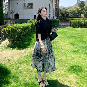 新中式国风套装裙女2025夏季新款气质盘扣上衣水墨画半身裙两件套图片