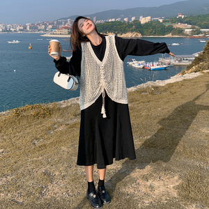 针织马甲黑色卫衣连衣裙女春秋新款设计感休闲宽松孕妇图片