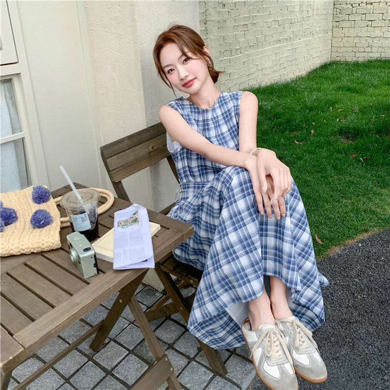 韩系小个子复古格子背心连衣裙女2025夏季新款气质文艺范过膝长裙,女装连衣裙,浙宝128（原290）