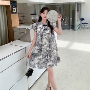 新中式国风黑色水墨画连衣裙女2025夏季小个子宽松印花飞飞袖短裙图片
