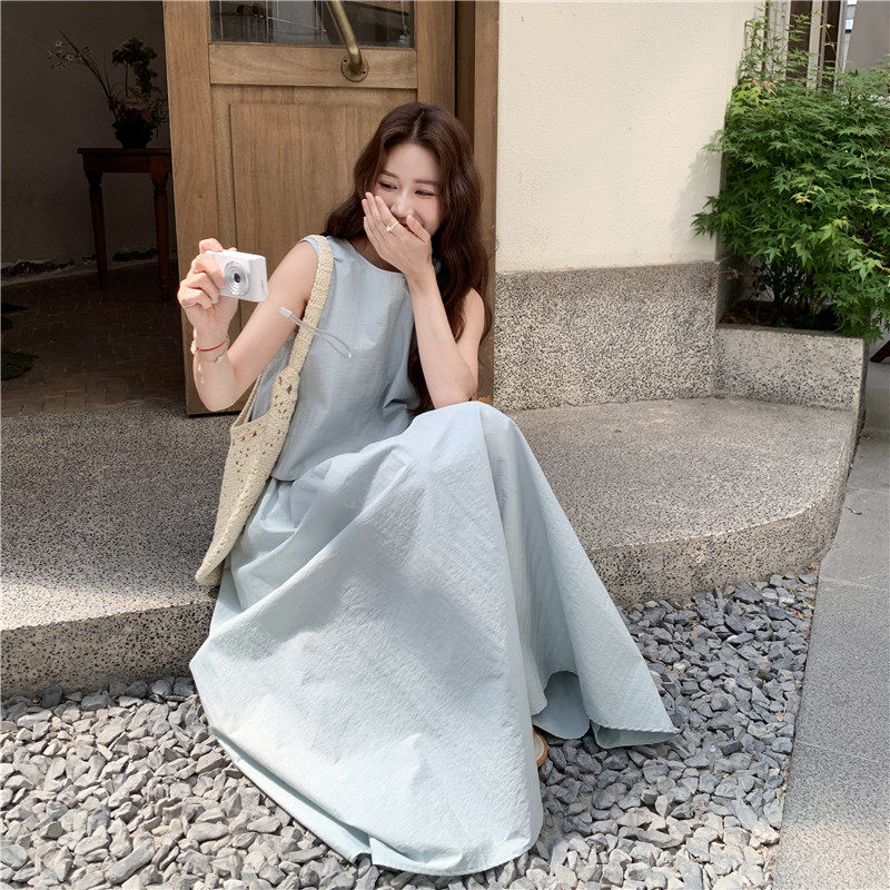休闲减龄穿搭蓝色无袖套装女超火好看慵懒松弛感背心半身裙两件套,女装套装/套裙,浙宝128（原290）
