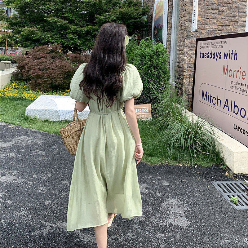 法式温柔风圆领泡泡袖连衣裙女2025夏季新款韩版收腰显瘦桔梗长裙,女装连衣裙,浙宝128（原290）