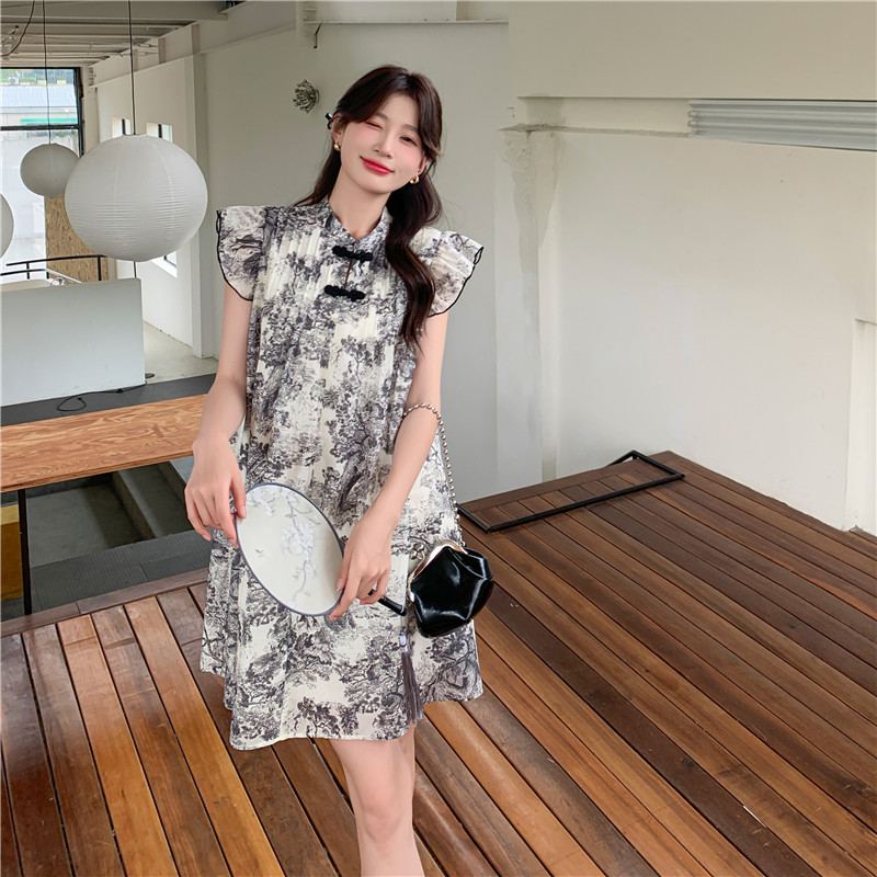 新中式国风黑色水墨画连衣裙女2025夏季小个子宽松印花飞飞袖短裙,女装连衣裙,浙宝128（原290）