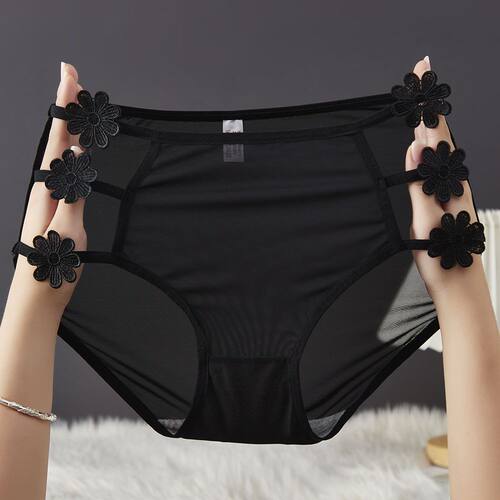 黑色性感内裤女90-200斤胖MM中高腰棉裆三角裤超大码网纱