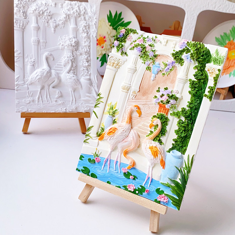 石膏立体浮雕画diy手工涂色填色绘画白胚玩具火烈鸟画板团建活动